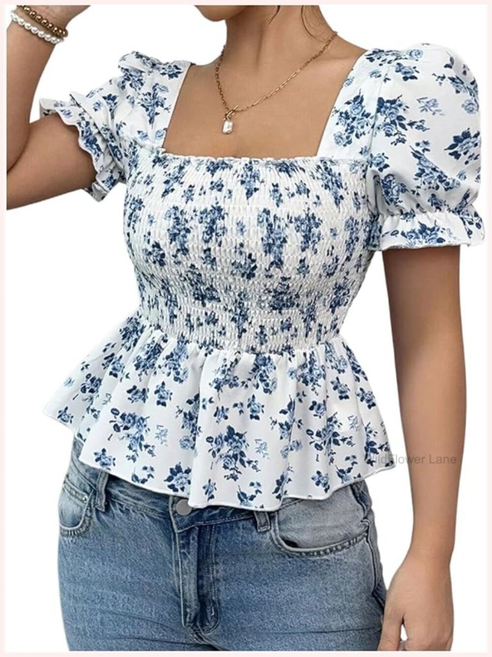 Floral Print Puff Sleeve Peplum Top Square Neck Ruffle Hem